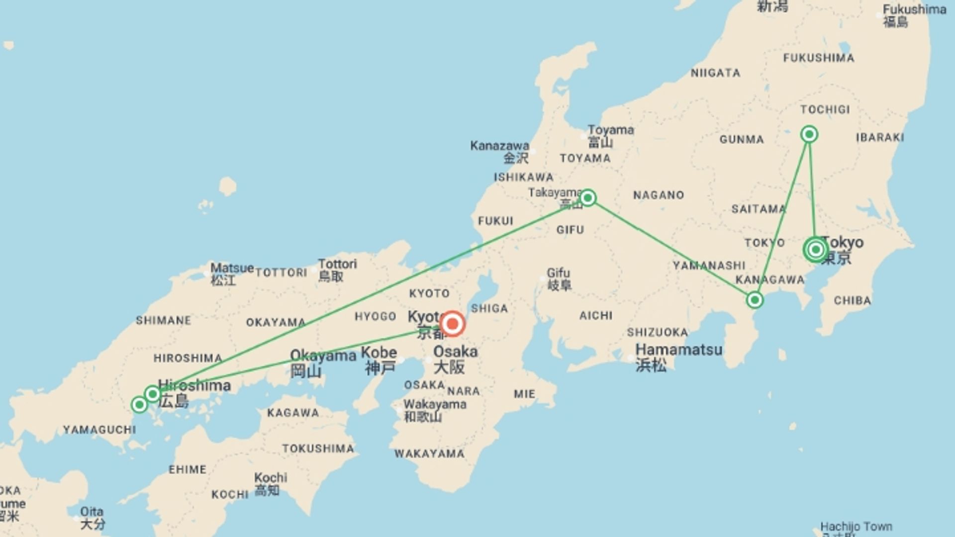 A map showing the tour itinerary for the trip: Japan: Land of the Rising Sun, starting in Tokyo, Japan and ending in Kyoto, Japan going through 4 other destinations.
