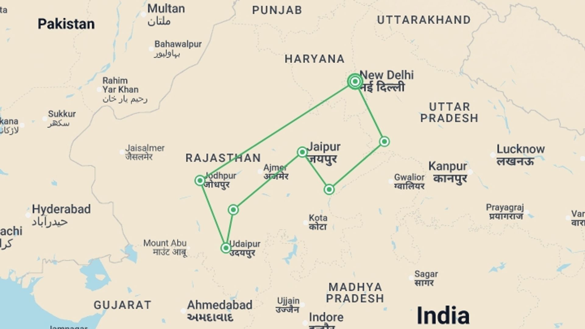 A map showing the tour itinerary for the trip: Delhi to Rajasthan & Tigers - 14 days, starting in New Delhi, India and ending in New Delhi, India going through 6 other destinations.