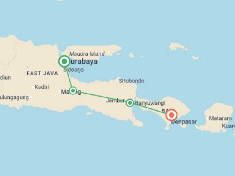 Map itinerary of Asia Tour in March 2026 with 4 destination visits for the trip: East Java & Bali Explorer - 6 days