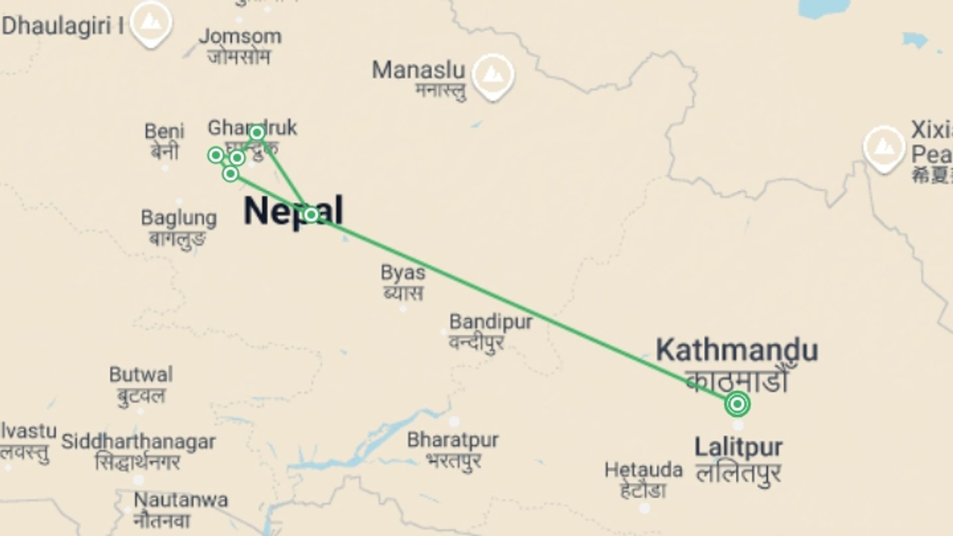 A map showing the tour itinerary for the trip: Nepal Group Adventure: Hike the Himalayas Foothills, starting in Kathmandu, Nepal and ending in Kathmandu, Nepal going through 5 other destinations.