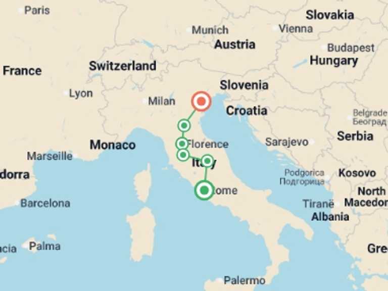 Map of Europe Tour with 3 destination visits for the trip: Rome to Venice Express - 4 days