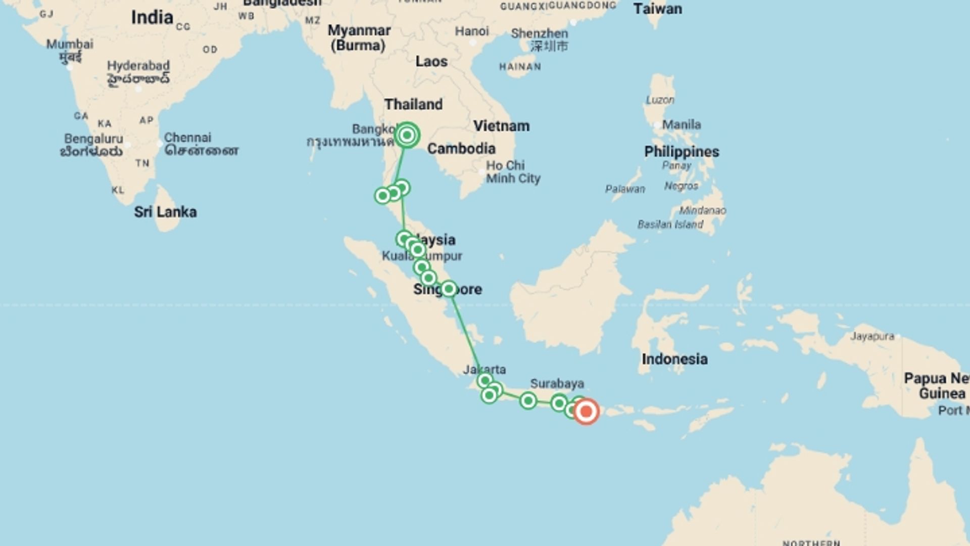 A map showing the tour itinerary for the trip: Bangkok to Kuta: Summits & Sunsets, starting in Bangkok, Thailand and ending in Kuta, Indonesia going through 17 other destinations.