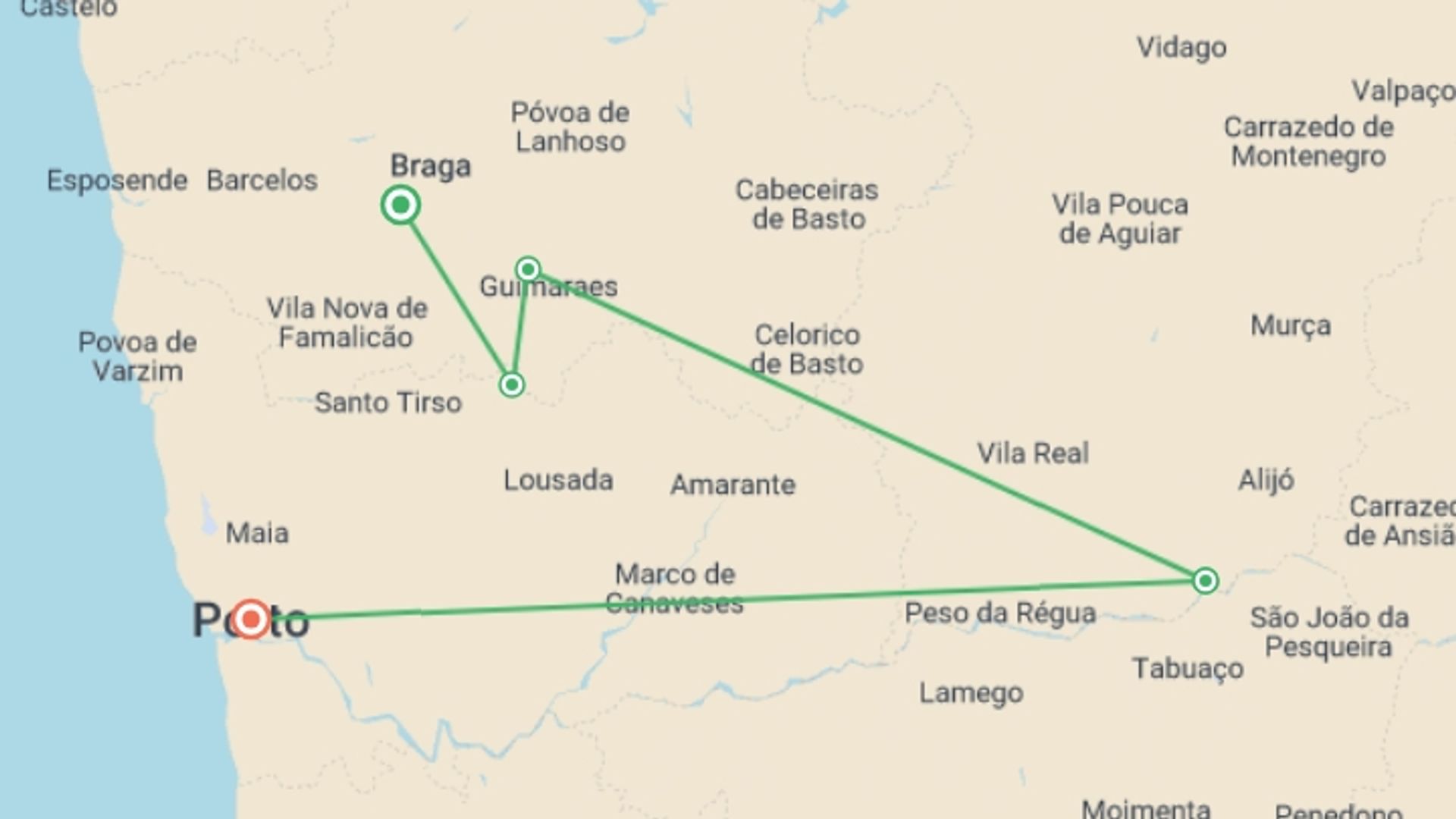 A map showing the tour itinerary for the trip: Douro Rambler, starting in Northern Portugal, Portugal and ending in Porto, Portugal going through 6 other destinations.