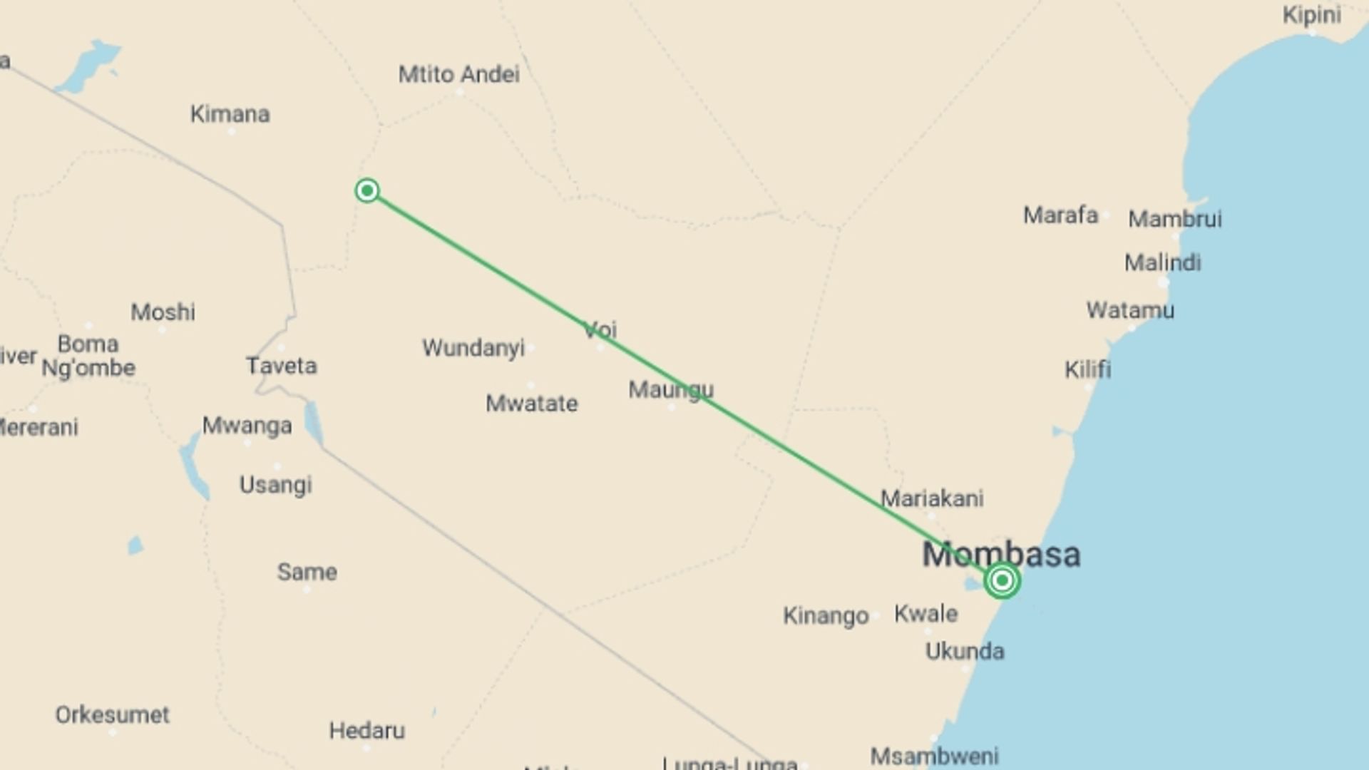 A map showing the tour itinerary for the trip: Safari To Tsavo East, Short Break (on Request), starting in Mombasa, Kenya and ending in Mombasa, Kenya going through 1 other destinations.