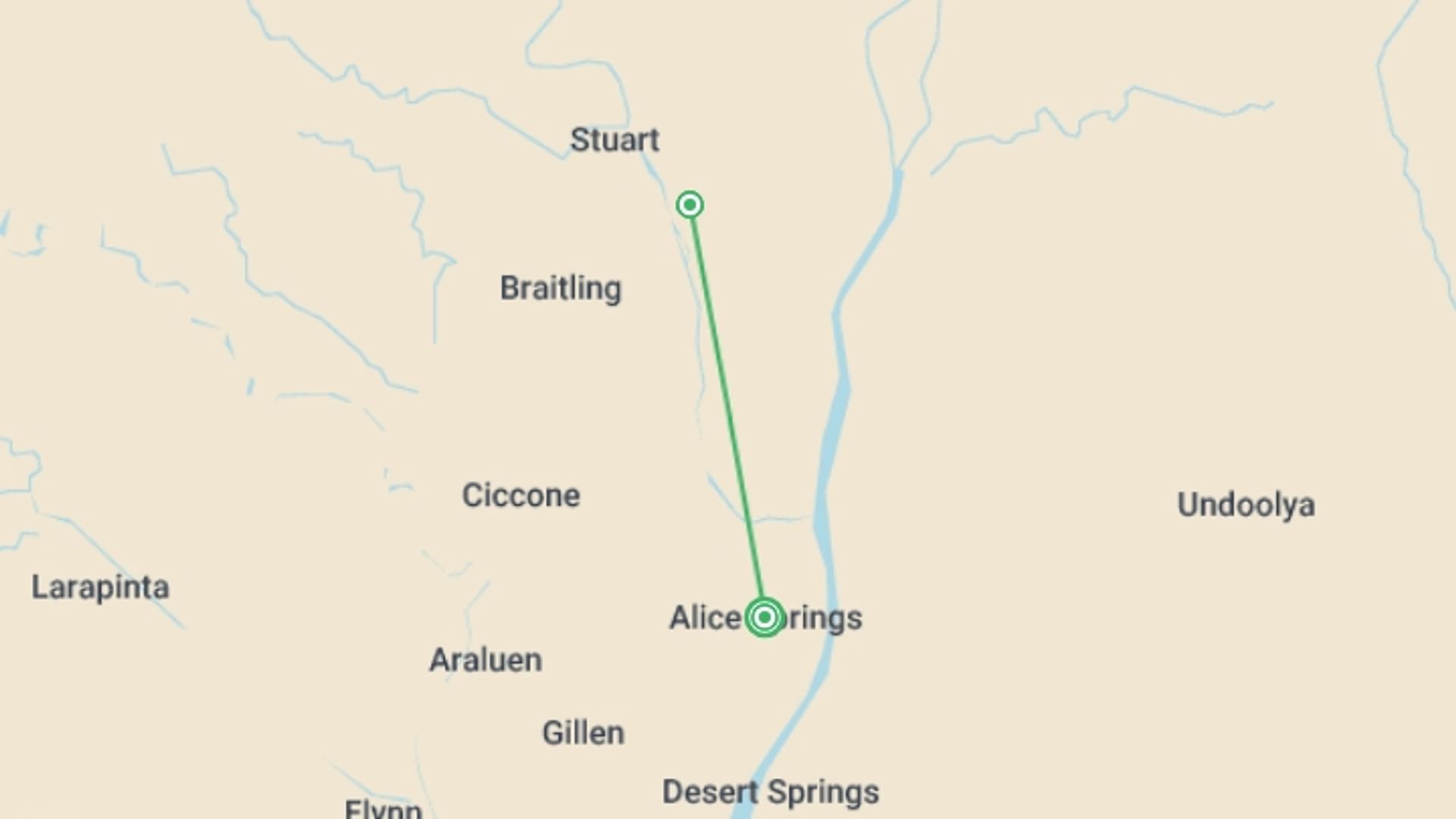 A map showing the tour itinerary for the trip: Hike the Larapinta Trail, starting in Alice Springs, Australia and ending in Alice Springs, Australia going through 1 other destinations.