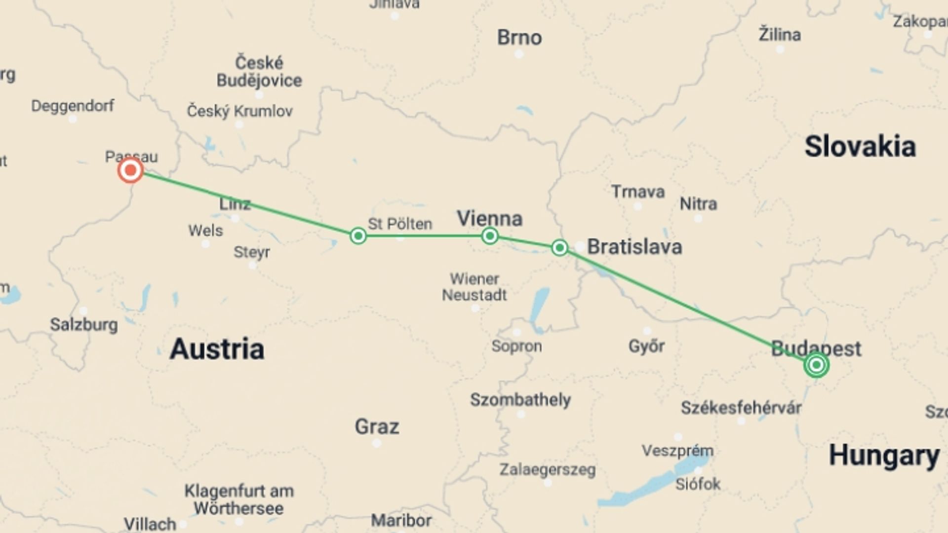 A map showing the tour itinerary for the trip: The Beautiful Blue Danube (port-to-port cruise), starting in Budapest, Hungary and ending in Passau, Germany going through 2 other destinations.