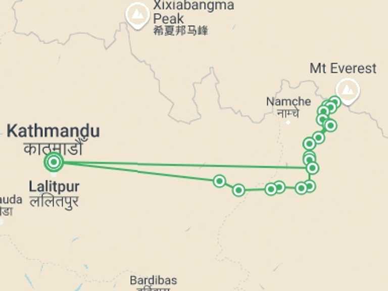 Map itinerary of Nepal Tour in Winter with 18 destination visits for the trip: 21-Day Everest Base Camp Trek from Jiri 