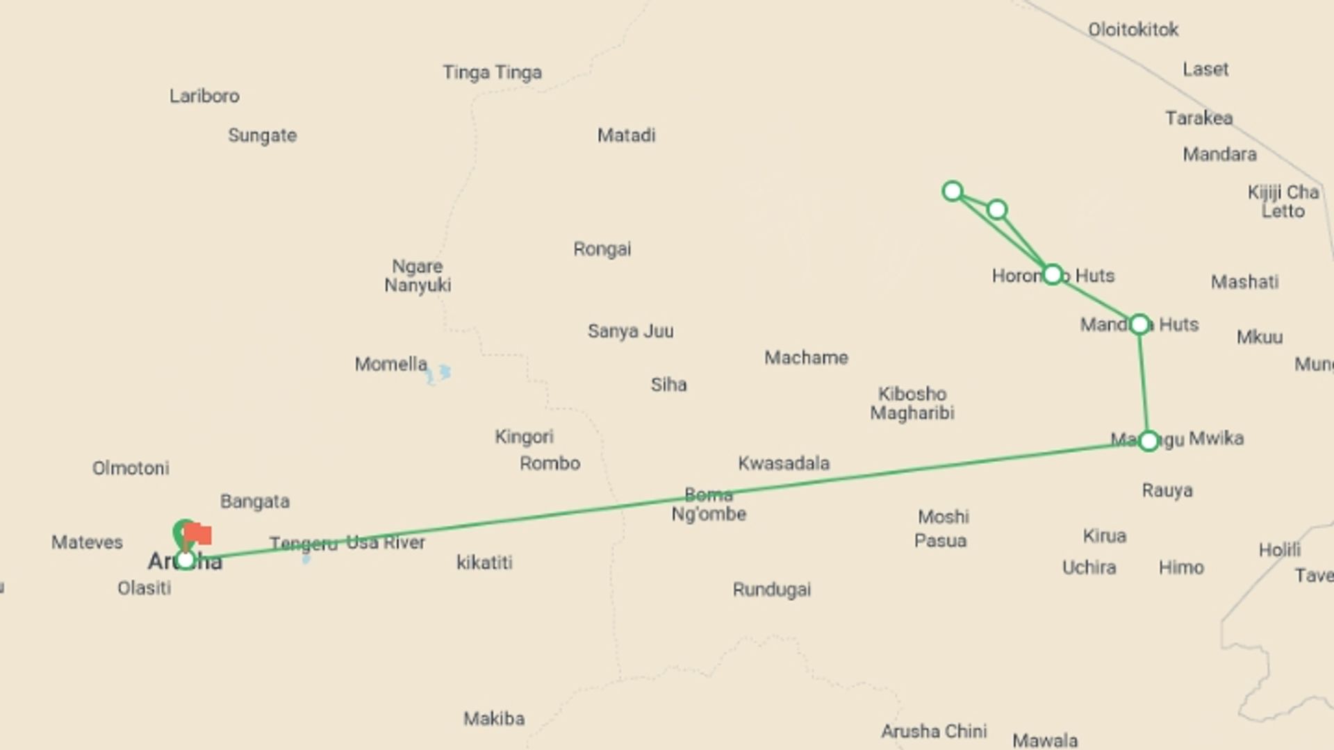 A map showing the tour itinerary for the trip: 5 Days Kilimanjaro climb - Marangu Route, starting in Arusha, Tanzania and ending in Arusha, Tanzania going through 3 other destinations.
