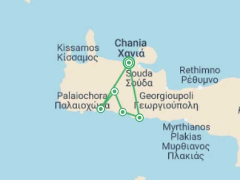 Map of Europe Trekking and Hiking Tour with 5 destination visits for the trip: Crete: Mountains and Coast Guided Walk