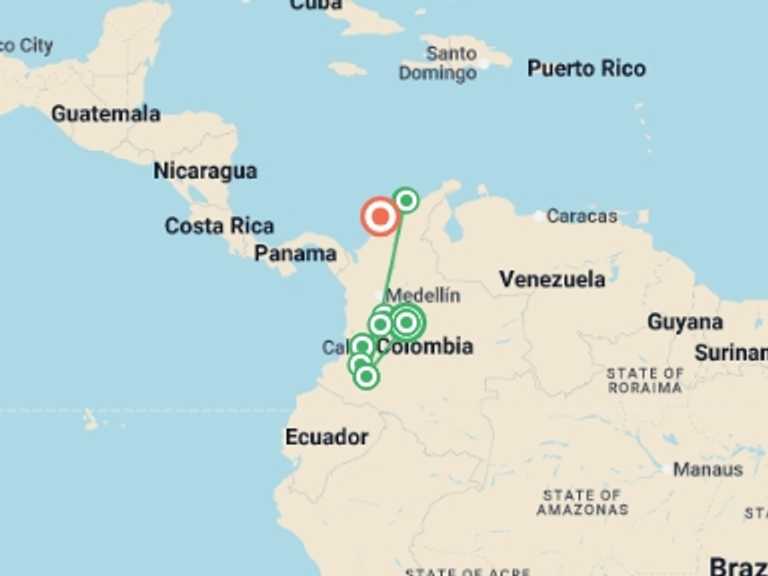 Map itinerary of South America Tour in March 2026 with 8 destination visits for the trip: Colombia: Culture, Coffee & Caribbean
