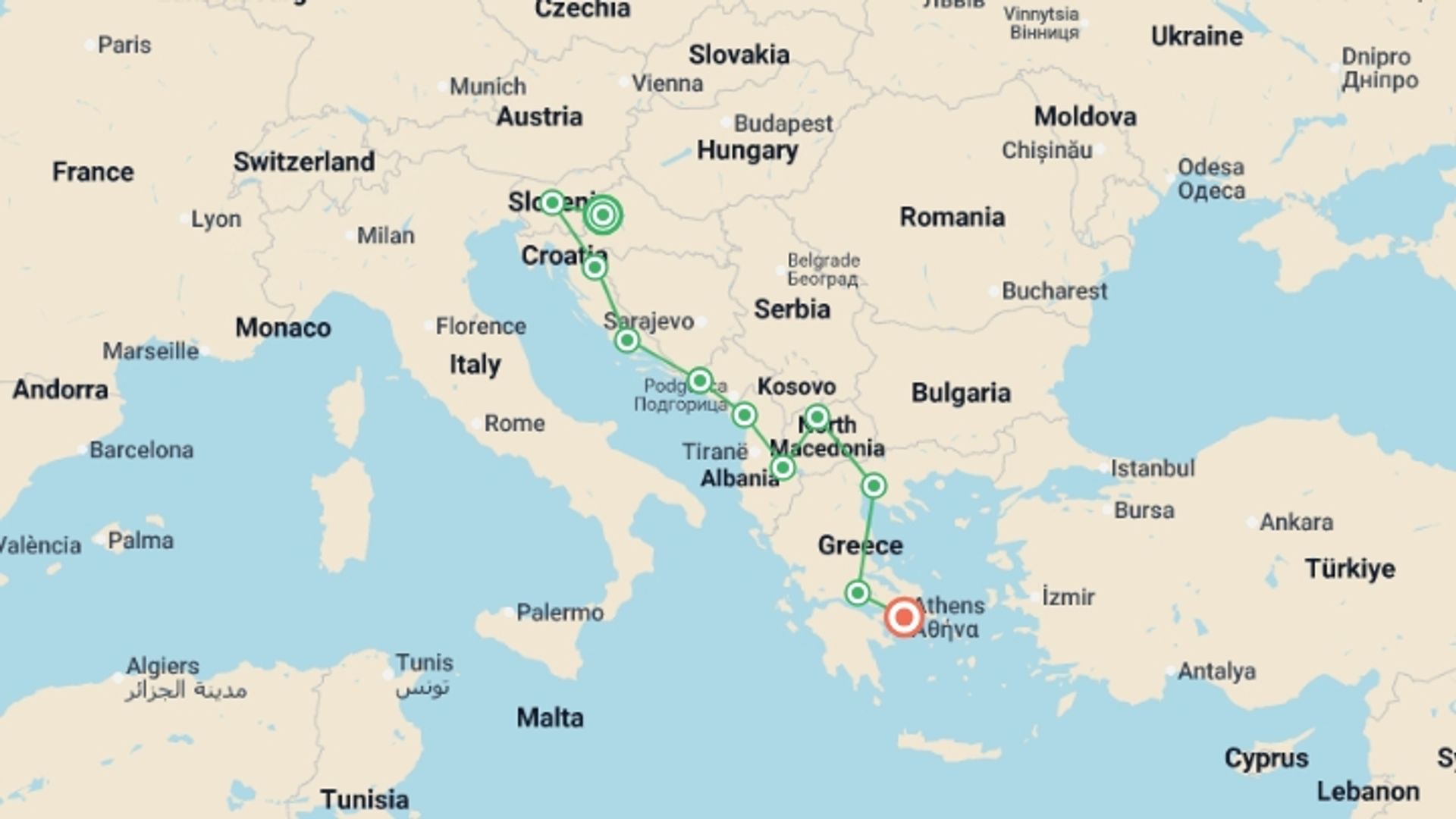 A map showing the tour itinerary for the trip: Balkans Explored, starting in Zagreb, Croatia and ending in Athens, Greece going through 9 other destinations.