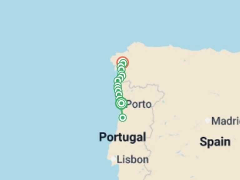 Map of a Sightseeing Tour with 15 destination visits for the trip: Portugal Coastal Way to Santiago
