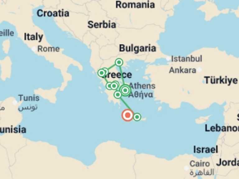 Map itinerary of Europe Tour in May 2026 with 8 destination visits for the trip: Greece Undiscovered