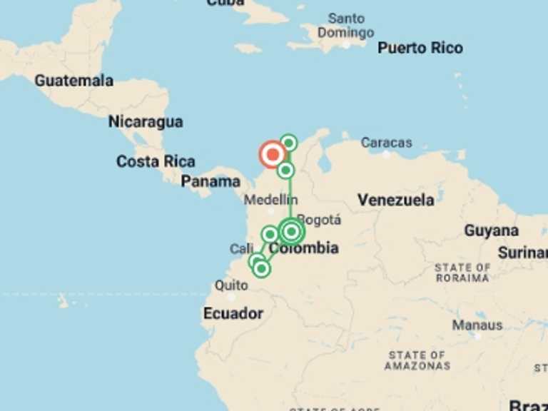 Map of Bogota Cultural, religious and historic sites Tour with 7 destination visits for the trip: Classic Colombia - 16 days
