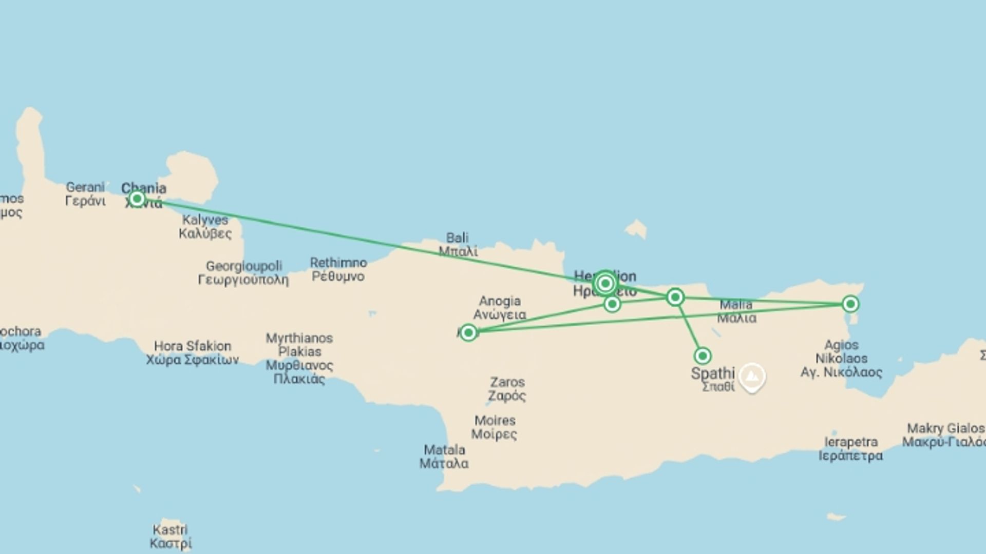 A map showing the tour itinerary for the trip: Exploring Crete, starting in Heraklion, Greece and ending in Heraklion, Greece going through 2 other destinations.
