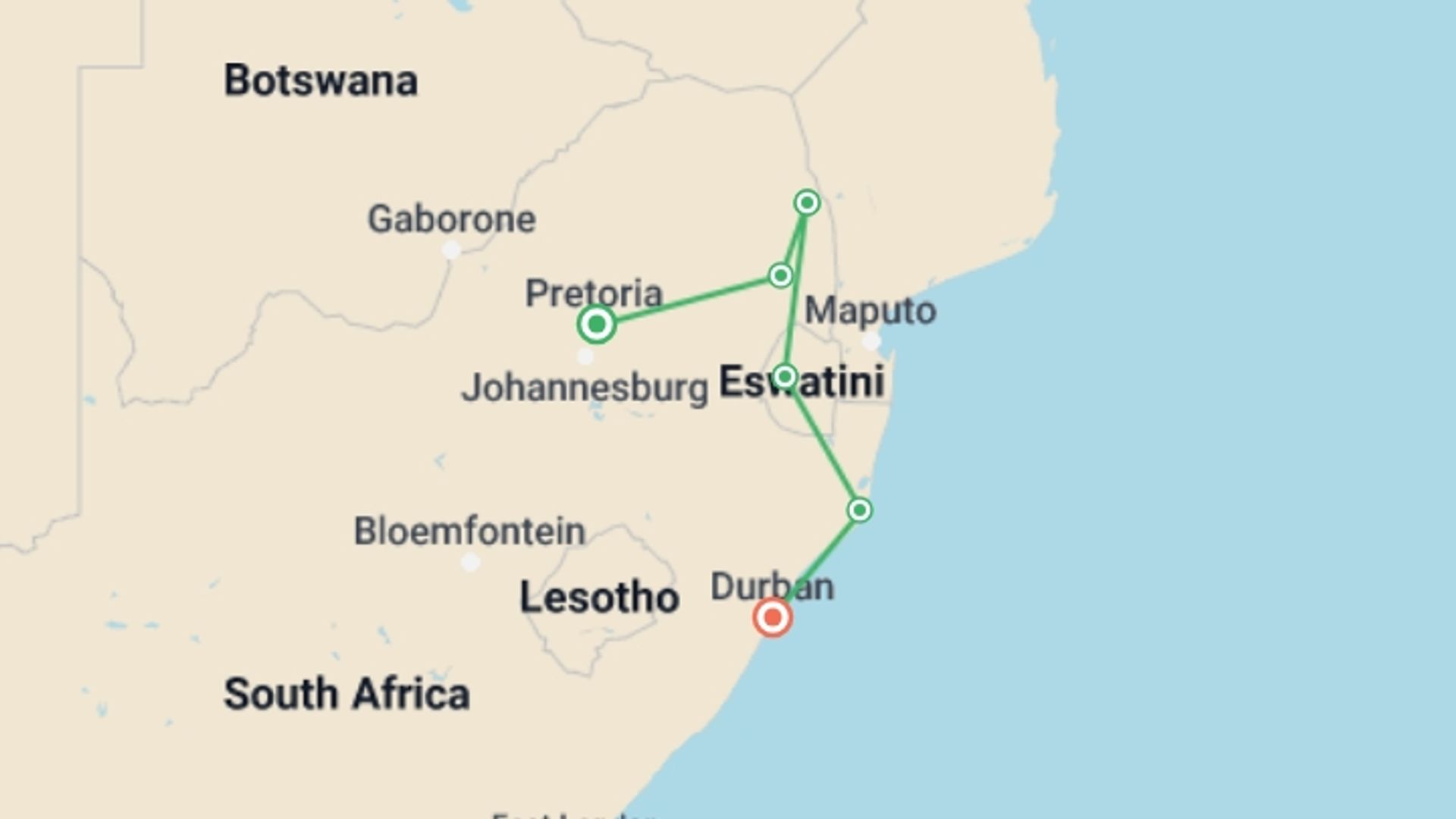 A map showing the tour itinerary for the trip: 7-day Kruger, Eswatini  Durban Camping, starting in Pretoria, South Africa and ending in Durban, South Africa going through 4 other destinations.