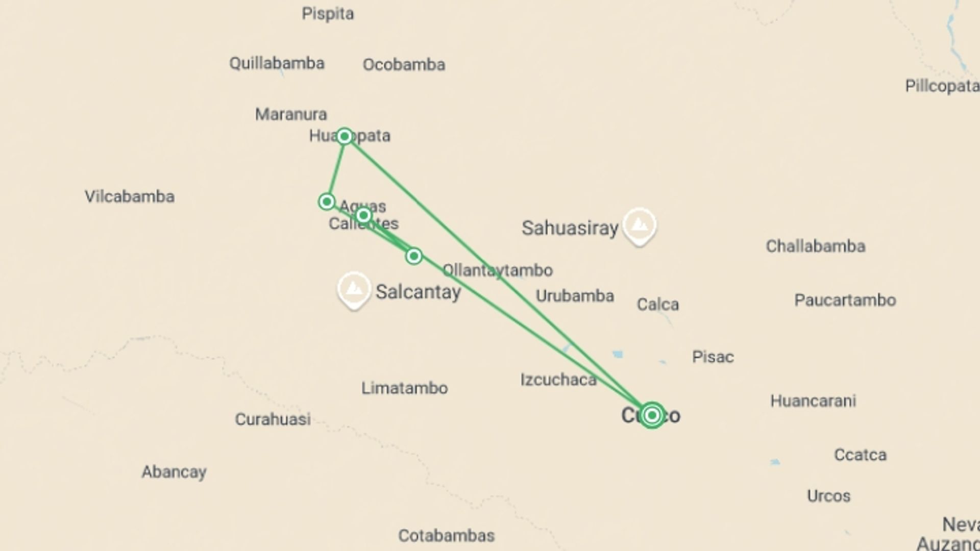 A map showing the tour itinerary for the trip: Four-day Hidden Inca Trail to Machu Picchu, starting in Cusco, Peru and ending in Cusco, Peru going through 3 other destinations.