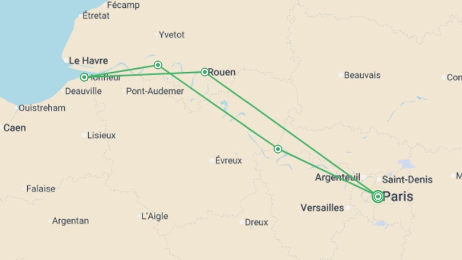 A map showing the tour itinerary for the trip: Impressionist Reflections Along the Seine (port-to-port cruise), starting in Paris, France and ending in Paris, France going through 3 other destinations.