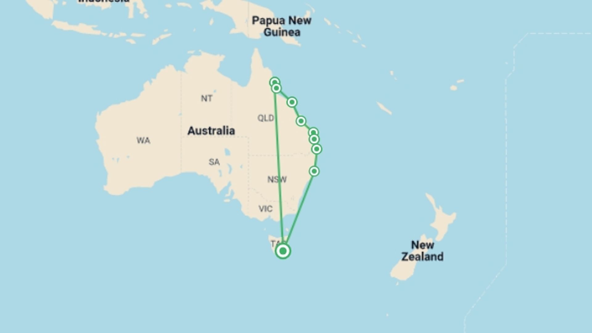 A map showing the tour itinerary for the trip: Ultimate Tasmania, starting in Hobart, Australia and ending in Hobart, Australia going through 11 other destinations.
