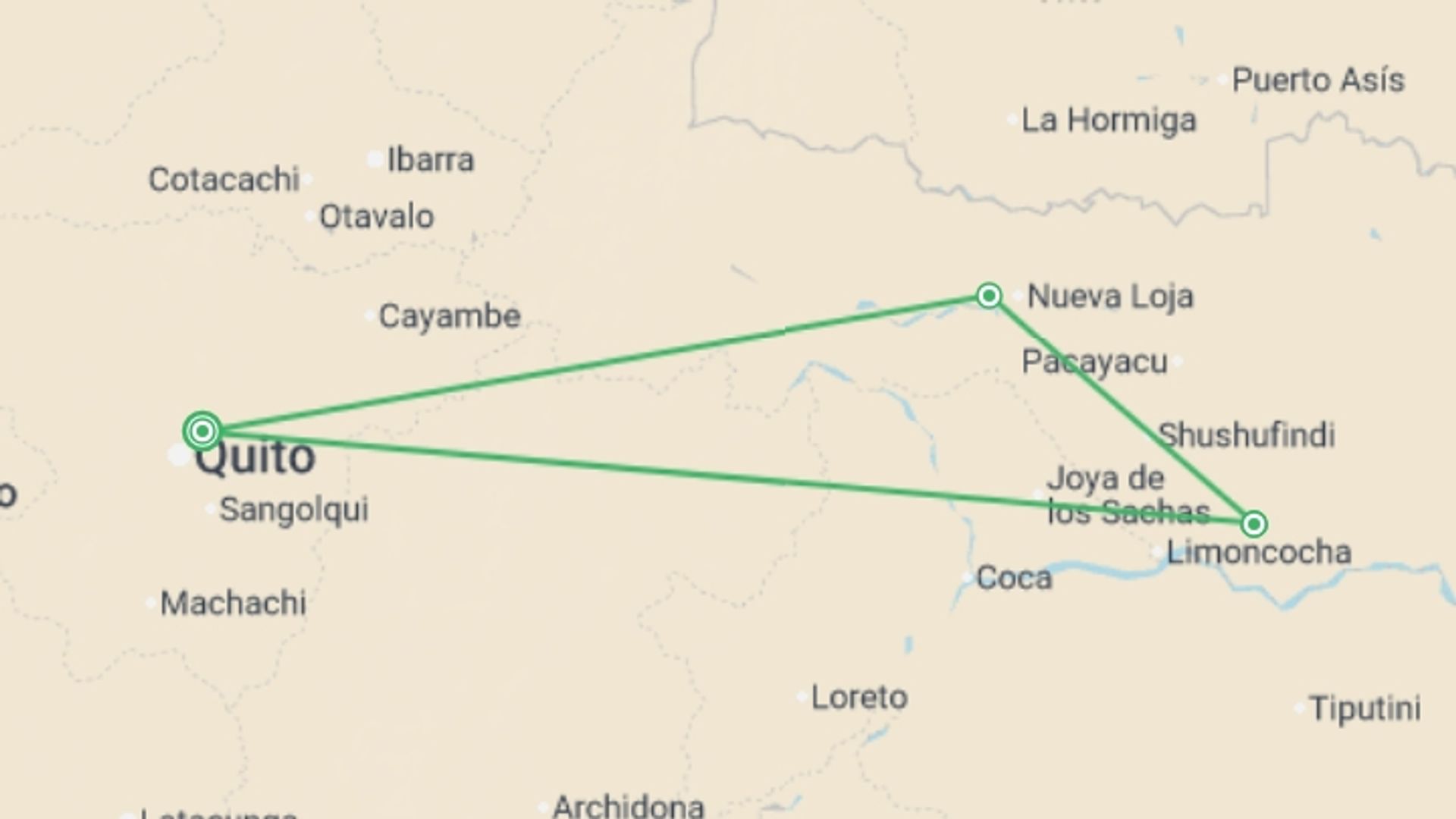 A map showing the tour itinerary for the trip: Cuyabeno Amazon Eco-Lodge Adventure 5D/4N, starting in Quito, Ecuador and ending in Quito, Ecuador going through 2 other destinations.