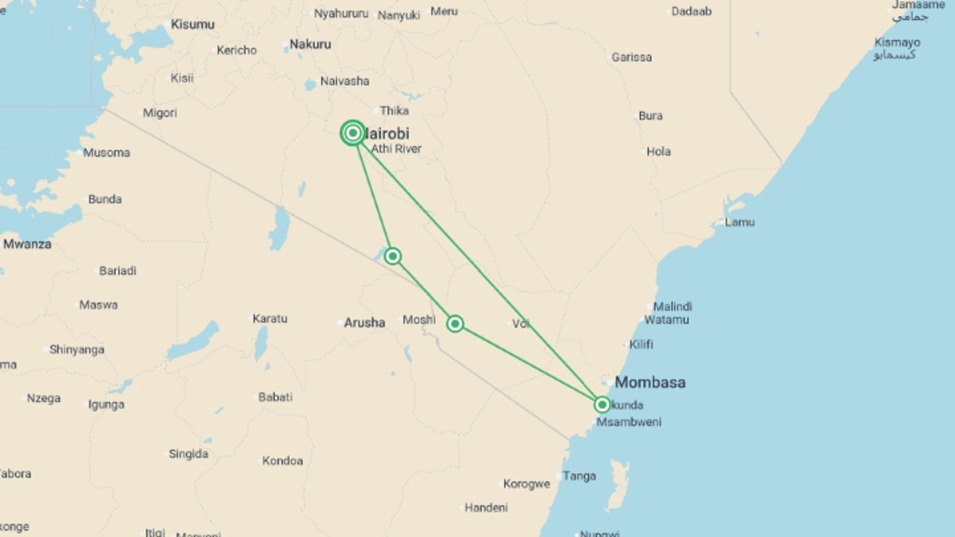 A map showing the tour itinerary for the trip: Kenya Safari & Beach - 9 days, starting in Nairobi, Kenya and ending in Nairobi, Kenya going through 3 other destinations.