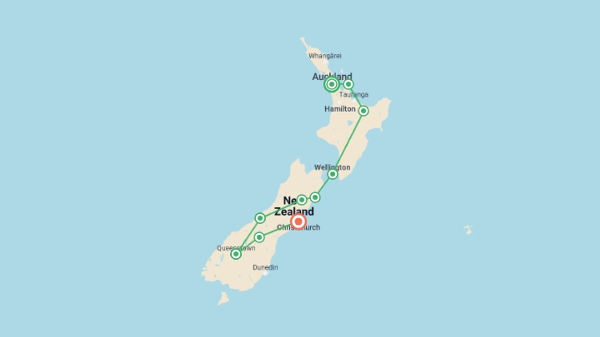 A map showing the tour itinerary for the trip: Highlights of New Zealand, starting in Auckland, New Zealand and ending in Christchurch, New Zealand going through 8 other destinations.