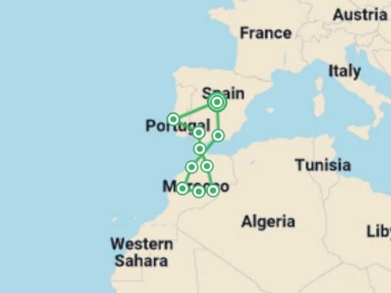 Map of Europe Tour with 10 destination visits for the trip: Best Iberian Cities and Morocco
