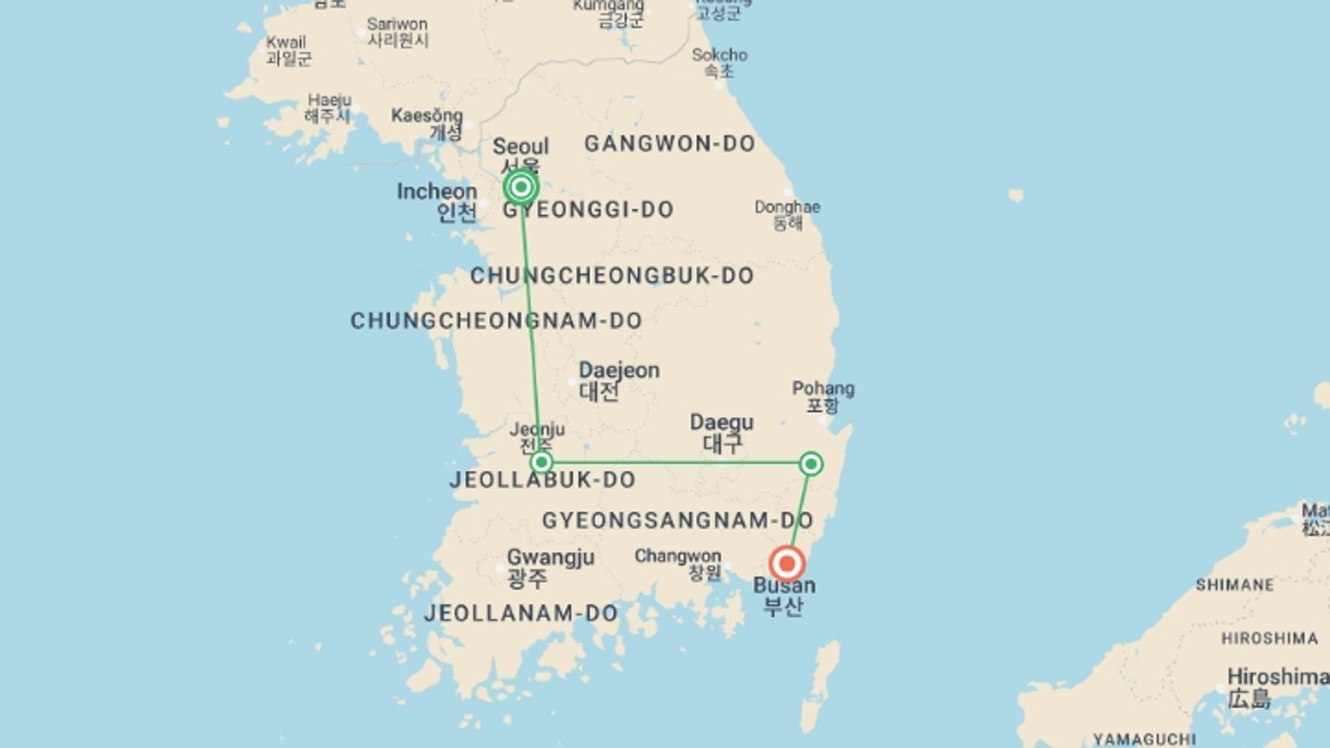A map showing the tour itinerary for the trip: South Korea Highlights Tour, starting in Seoul, South Korea and ending in Busan, South Korea going through 2 other destinations.