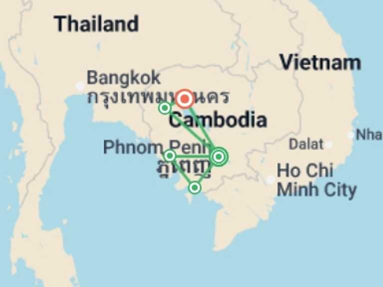 Map of Asia Tour with 5 destination visits for the trip: Cambodia Adventure