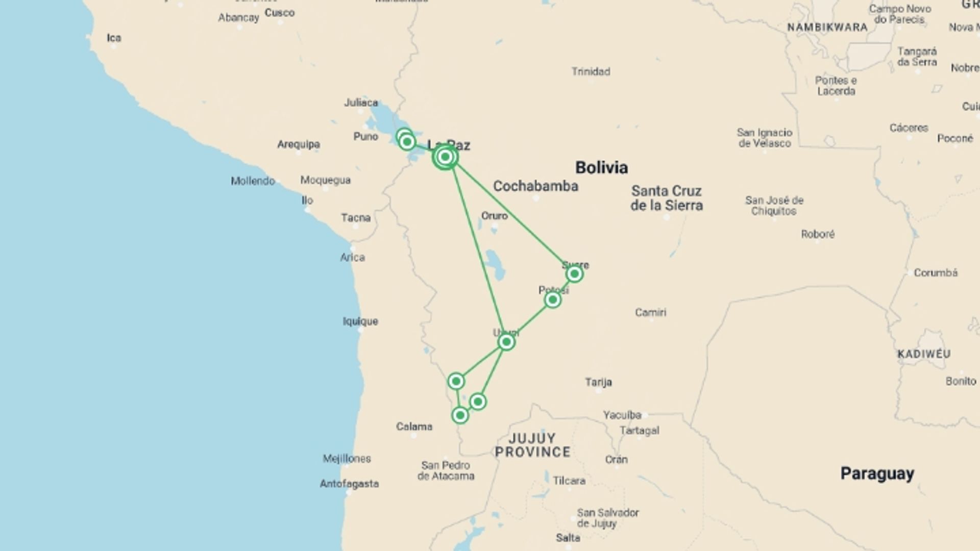 A map showing the tour itinerary for the trip: Best of Bolivia: 15-Day Tour, starting in El Alto, Bolivia and ending in El Alto, Bolivia going through 9 other destinations.