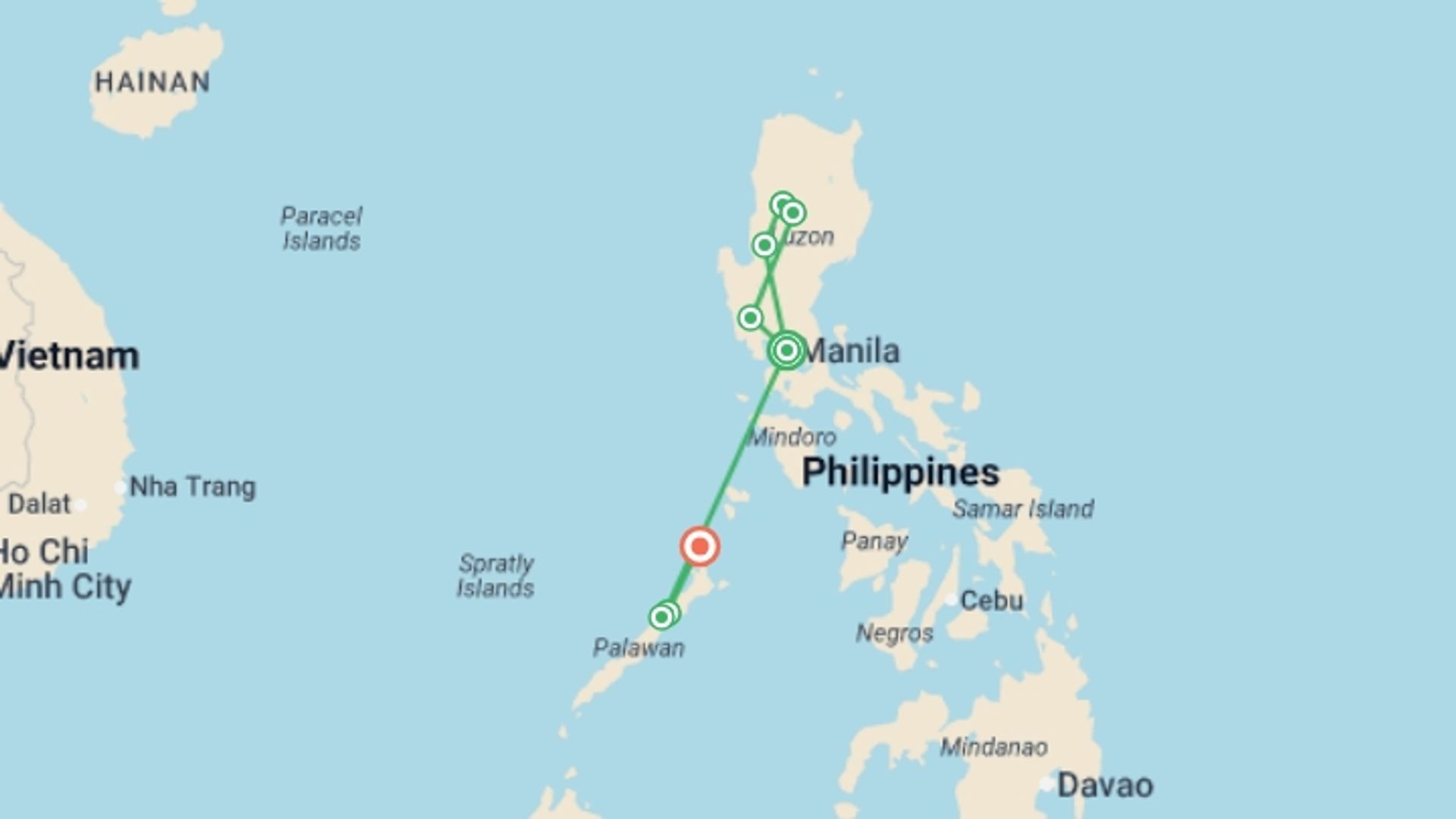 A map showing the tour itinerary for the trip: The Philippines: Mountains & Islands, starting in Manila, Philippines and ending in El Nido, Philippines going through 6 other destinations.