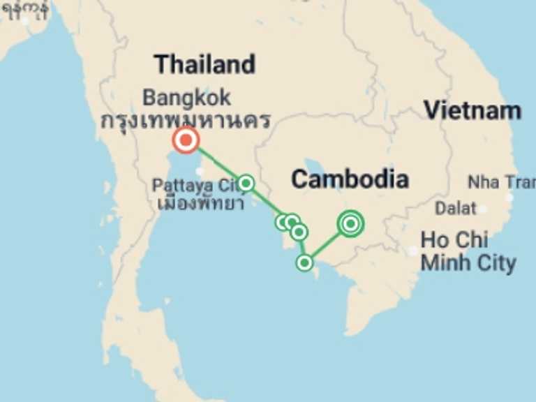 Map of 9-Day Bangkok Tour with 8 destination visits for the trip: Wilds of Cambodia