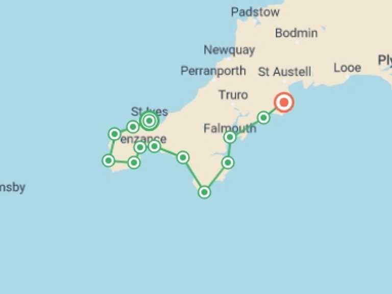 Map of a Walking Tour with 14 destination visits for the trip: South West Coast Path: St Ives to Mevagissey - 13 Days