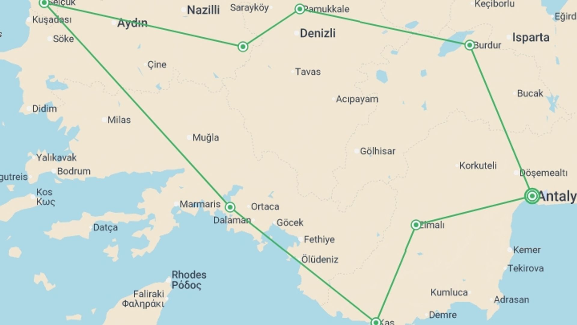 A map showing the tour itinerary for the trip: Highlights and hidden gems of Western Turkey, starting in Antalya, Turkey and ending in Antalya, Turkey going through 8 other destinations.
