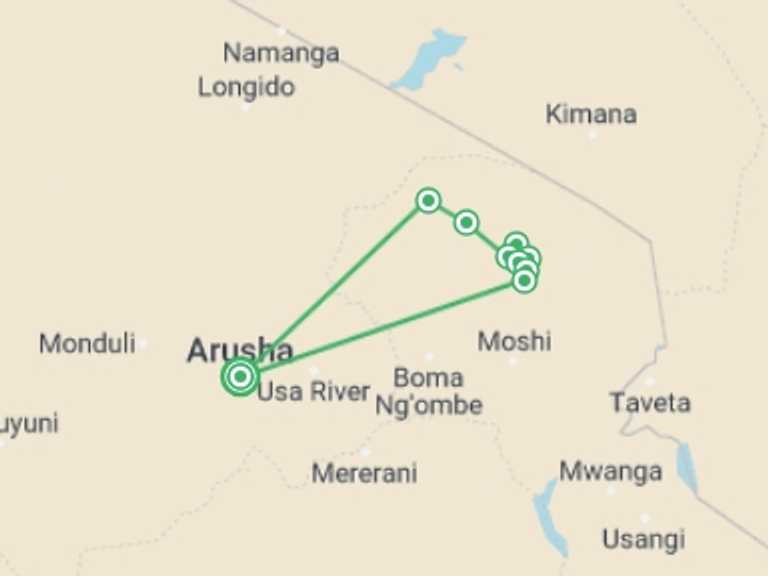 Map of Tanzania Tour with 10 destination visits for the trip: Kilimanjaro - lemosho route