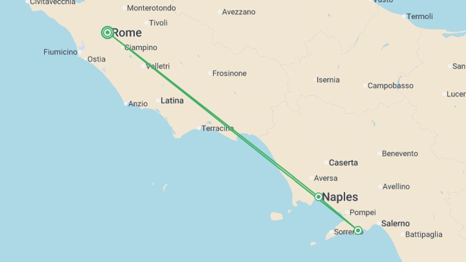A map showing the tour itinerary for the trip: Italian Escape, starting in Rome, Italy and ending in Rome, Italy going through 1 other destinations.