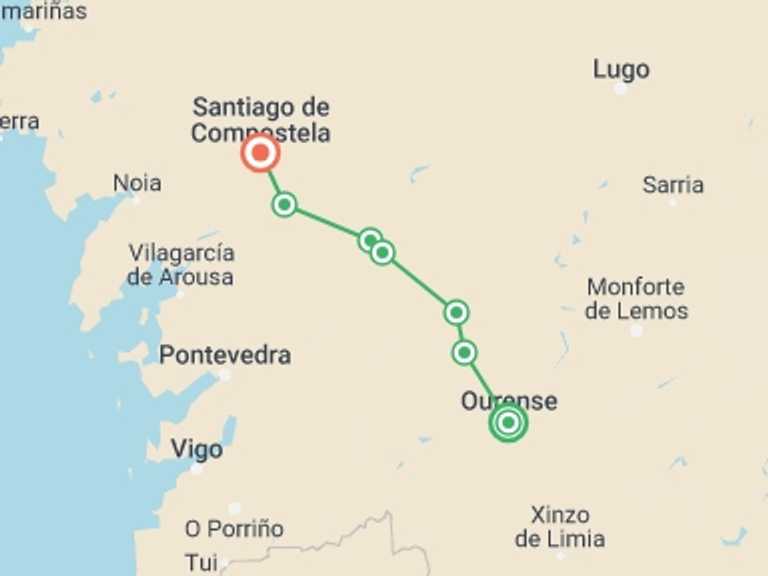 Map itinerary of Santiago De Compostela Tour in May 2026 with 6 destination visits for the trip: Camino Sanabrés to Santiago