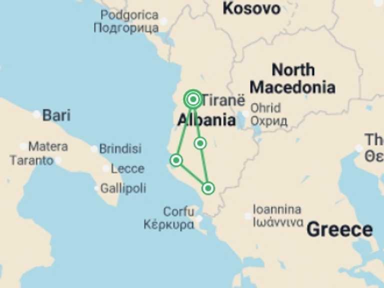 Map itinerary of Europe Tour in May 2026 with 4 destination visits for the trip: Albania Discovery