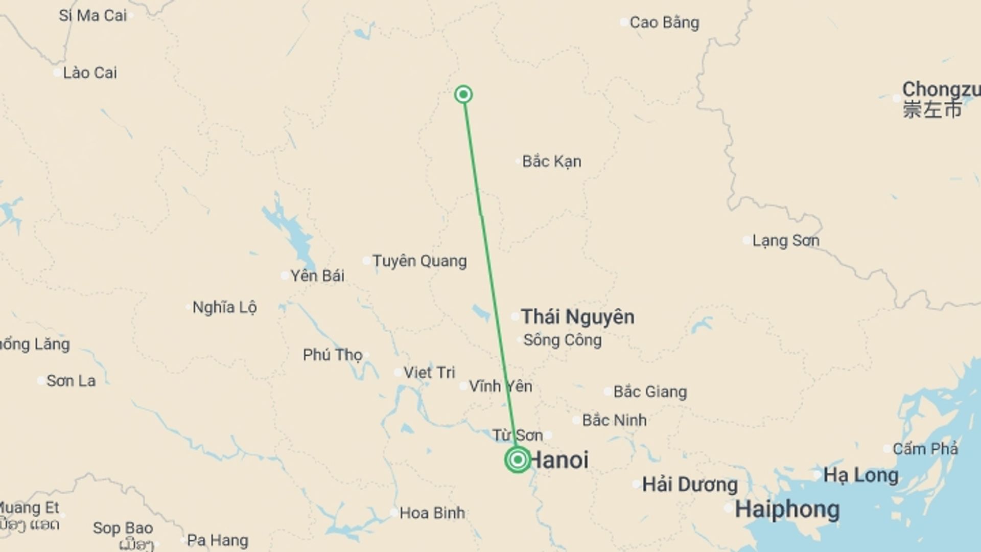A map showing the tour itinerary for the trip: Hanoi to Ba Be National Park - 3 days, starting in Hanoi, Vietnam and ending in Hanoi, Vietnam going through 1 other destinations.