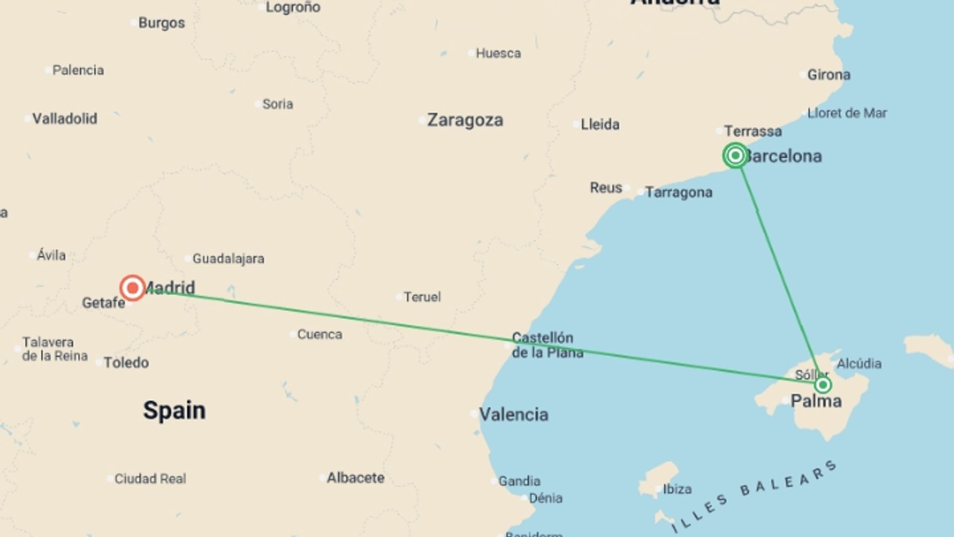 A map showing the tour itinerary for the trip: Enchanting Spain and Mallorca Island, starting in Barcelona, Spain and ending in Madrid, Spain going through 1 other destinations.