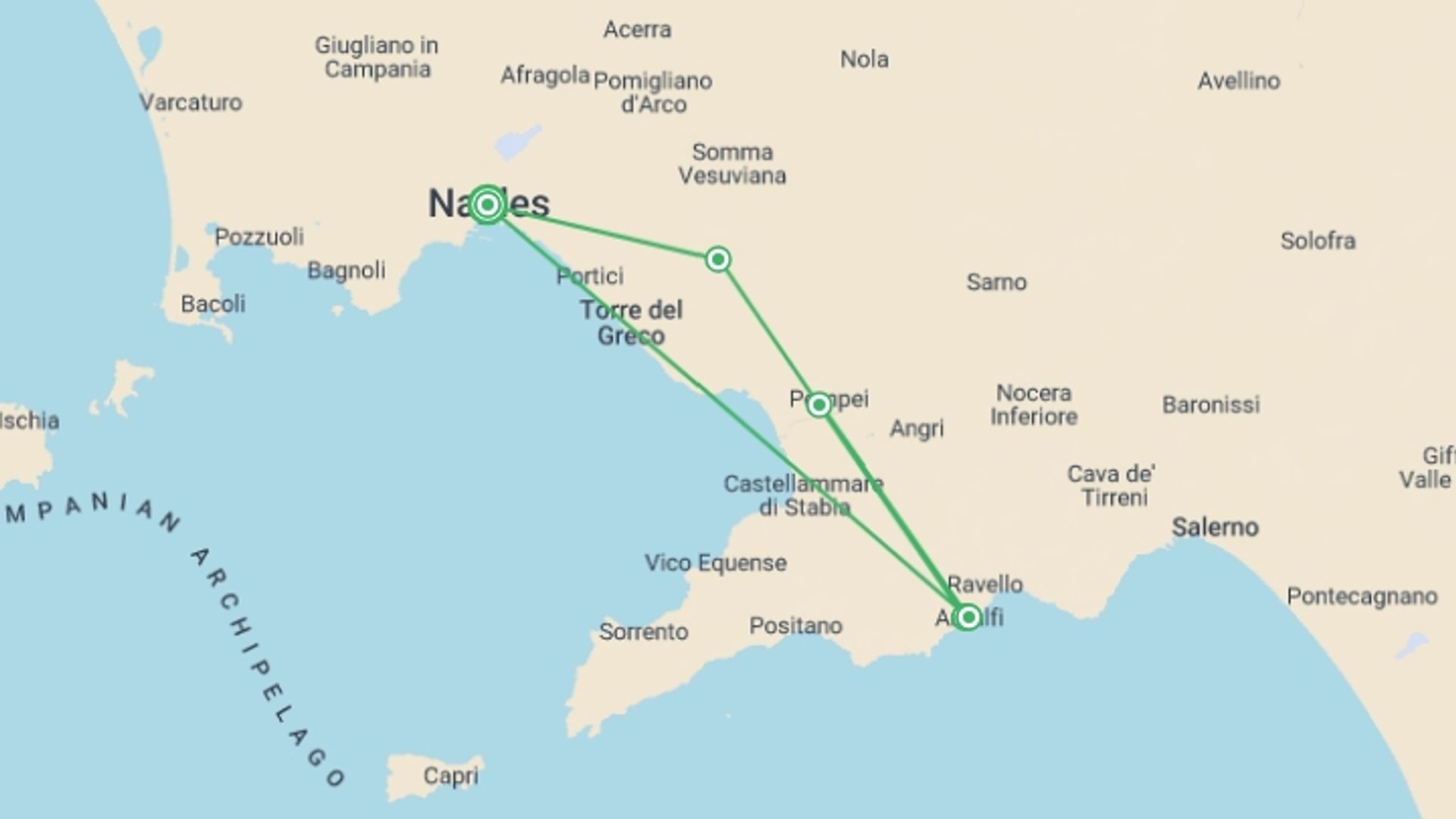 A map showing the tour itinerary for the trip: Family Amalfi Coast Adventure, starting in Naples, Italy and ending in Naples, Italy going through 4 other destinations.