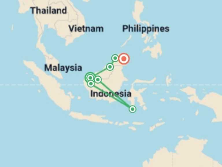 Map itinerary of Malaysia Tour in August 2026 with 8 destination visits for the trip: Borneo Adventure