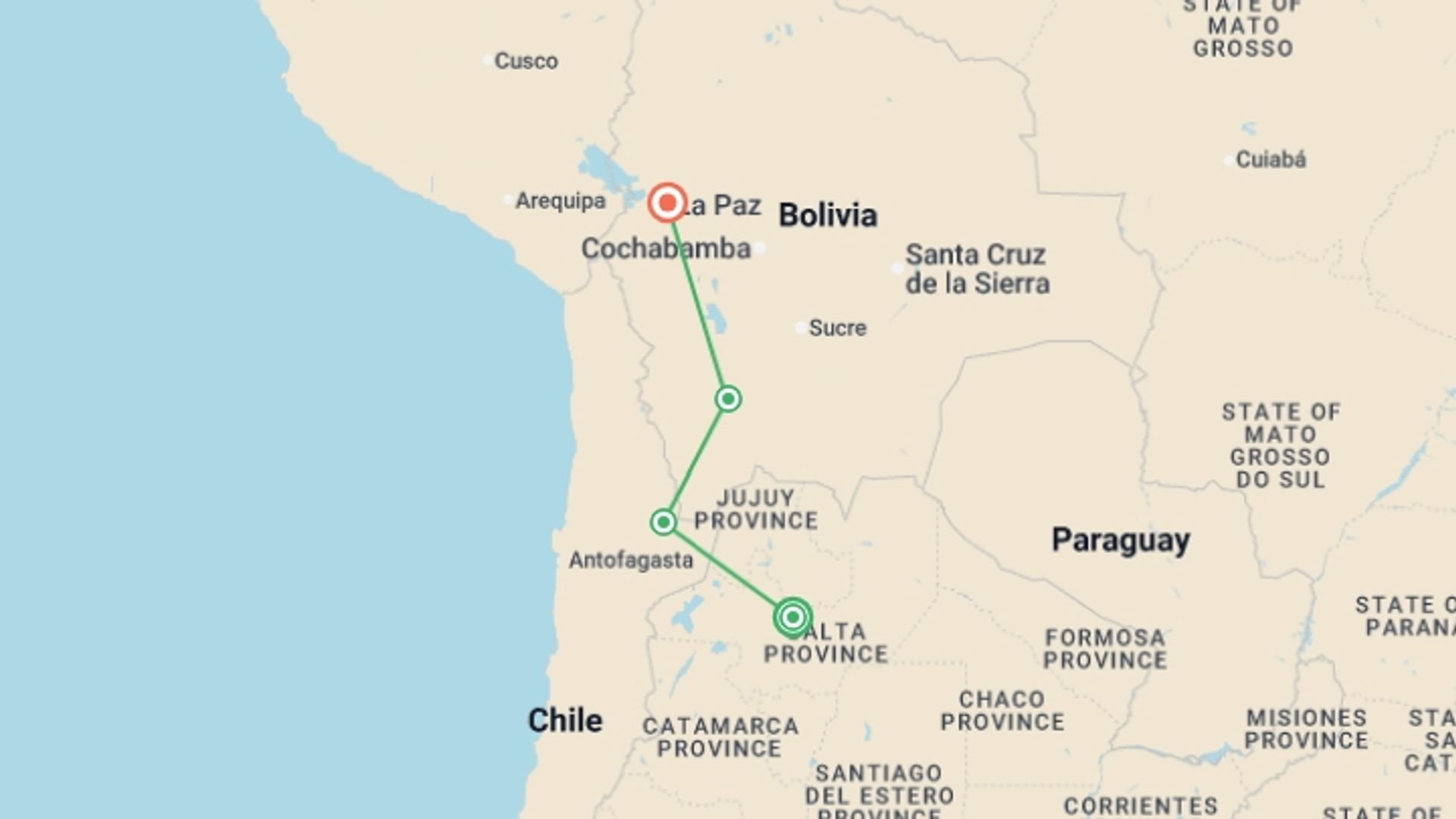 A map showing the tour itinerary for the trip: Salta to La Paz Salt Flats Adventure 10D/9N, starting in Salta, Argentina and ending in La Paz, Bolivia going through 2 other destinations.