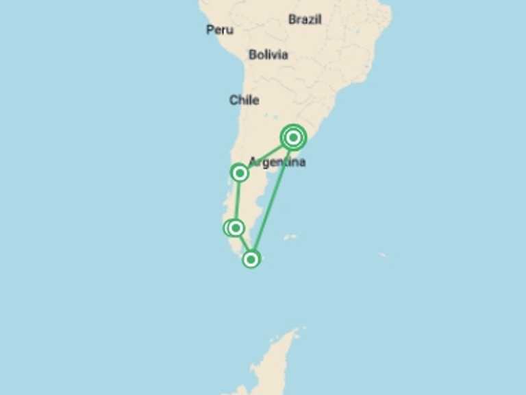 Map itinerary of Patagonia Tour in June 2027 with 7 destination visits for the trip: Best of Patagonia in 12 days