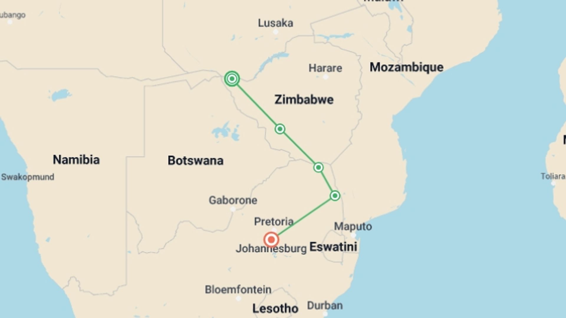 A map showing the tour itinerary for the trip: Kruger, Falls & Zimbabwe: Mineral Pools & National Parks, starting in Victoria Falls, Zimbabwe and ending in Johannesburg, South Africa going through 4 other destinations.
