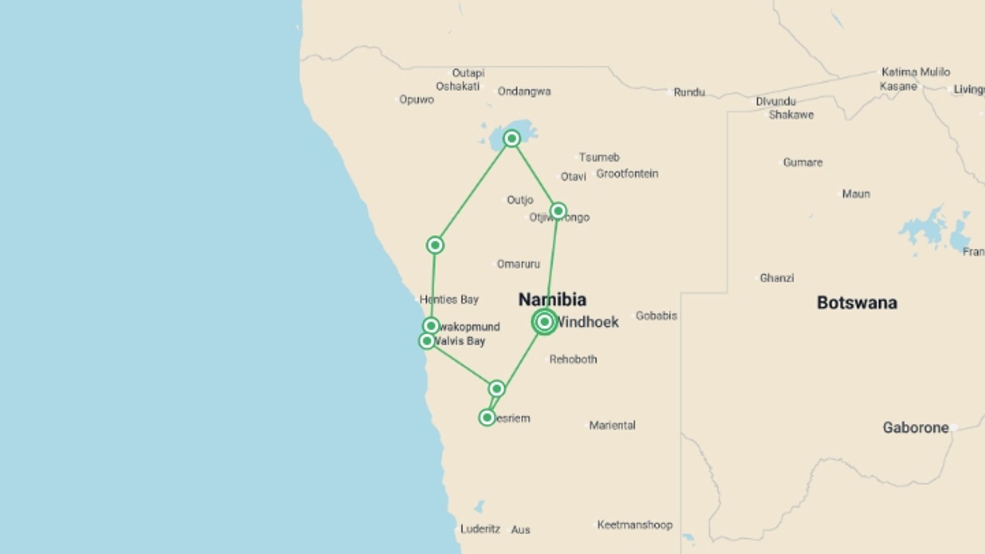 A map showing the tour itinerary for the trip: Discover Namibia - Camping, starting in Windhoek, Namibia and ending in Windhoek, Namibia going through 6 other destinations.