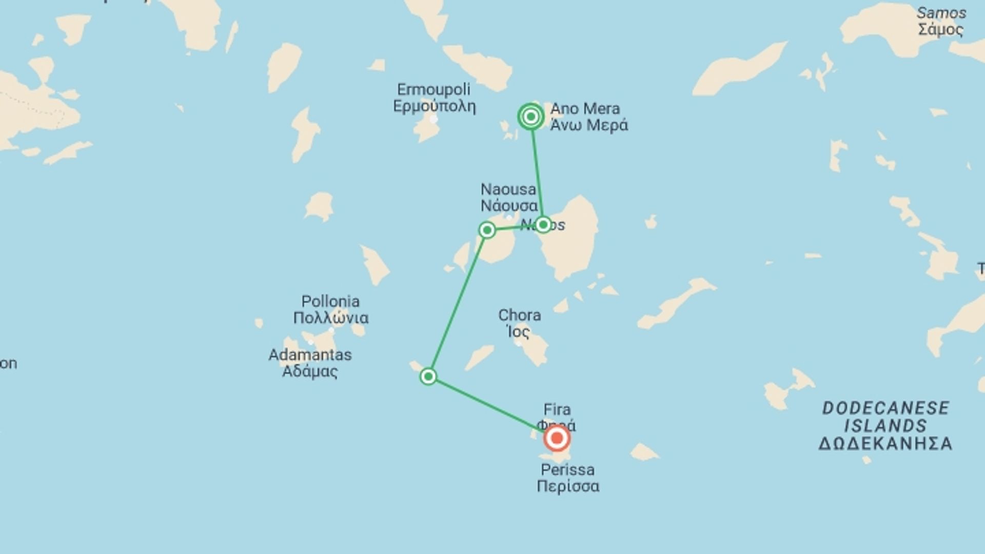 A map showing the tour itinerary for the trip: Sailing Greece - Mykonos to Santorini, starting in Mykonos, Greece and ending in Santorini, Greece going through 3 other destinations.