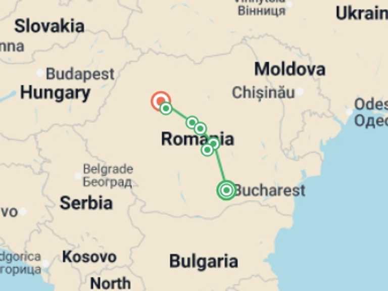 Map itinerary of Bucharest Tour in October 2026 with 5 destination visits for the trip: Halloween in Transylvania (Northbound)