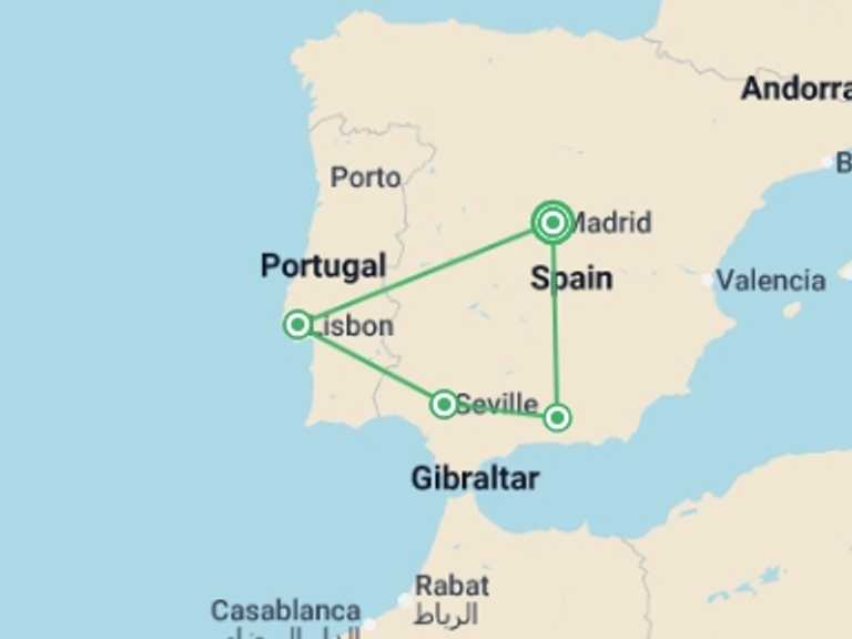 Map itinerary of Lisbon Tour in Fall with 4 destination visits for the trip: Iberian Ring (without Alhambra)