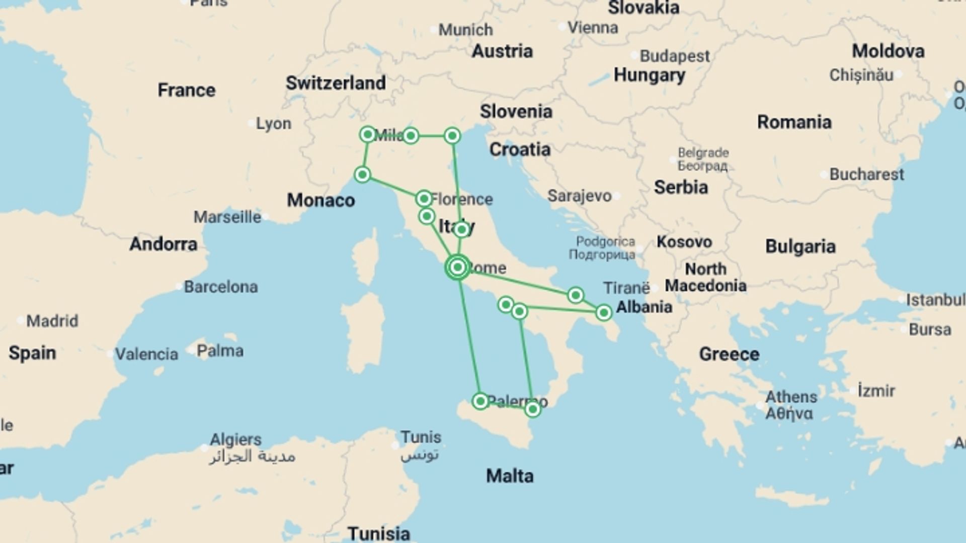 A map showing the tour itinerary for the trip: Italian Roundabout Complete End Rome, starting in Rome, Italy and ending in Rome, Italy going through 13 other destinations.